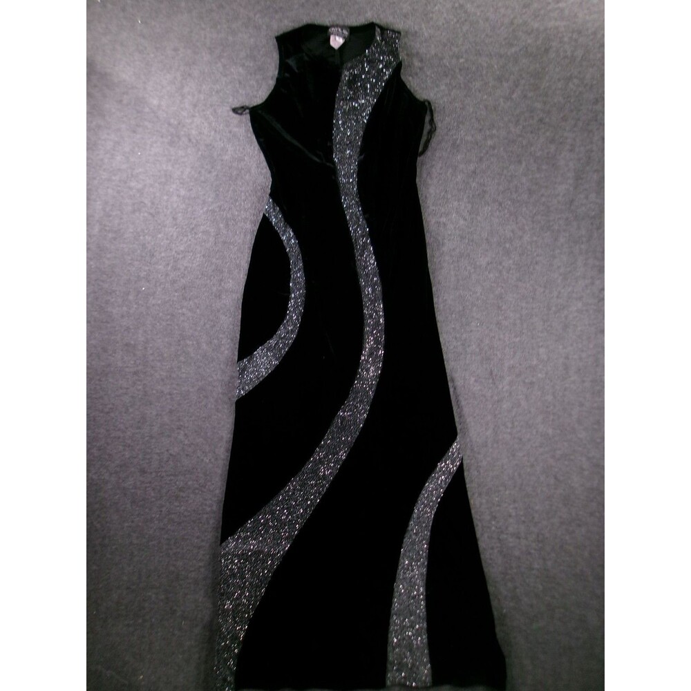 Onyx Nite Dress Womens 6 Black Velvet Evening Gown Sleeveless Metallic Panels